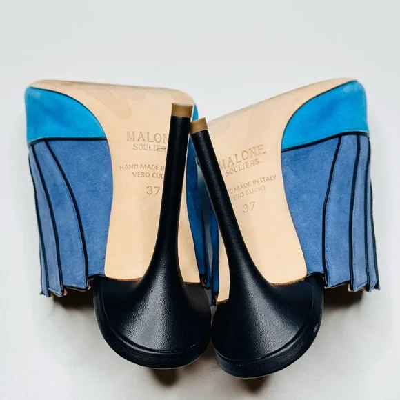 Malone Souliers Donna Fanned Blue Suede Colorblock Mules Heels Shoes Sandals - Picture 10 of 15